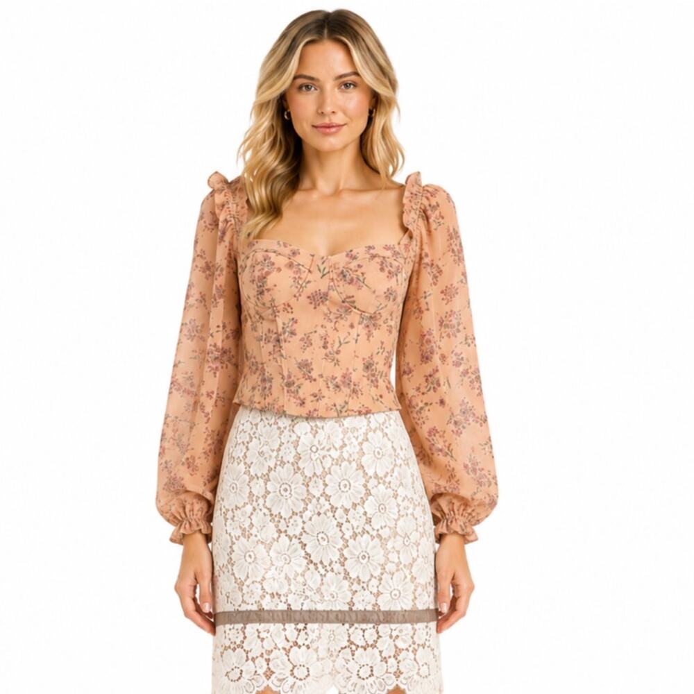 ASTR The Label Floral Print Long Sleeve Corset Crop Top Pink Multi Floral Medium